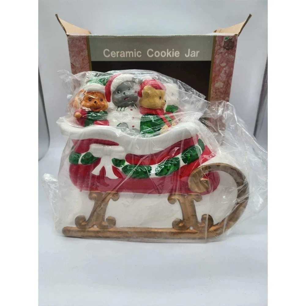 Vintage Christmas Ceramic Cookie Jar Santa Sleigh Animals cat bear